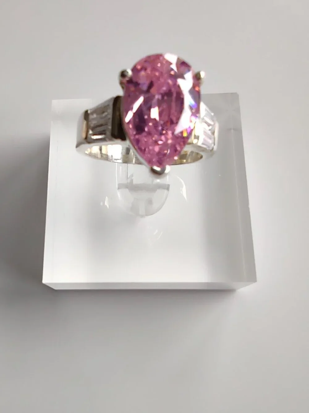 Pink Topaz CZ Teardrop Ring + Clear CZ's Cocktail Ring Sz 7 Sterling Silver 925